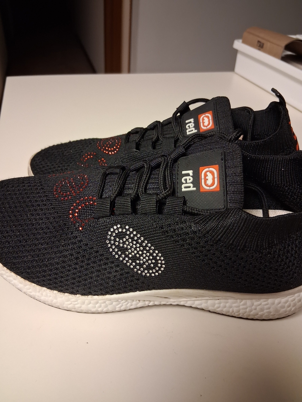 Ecko Unlimited Black Knit Slip-On Sneakers with Red Logo Accents